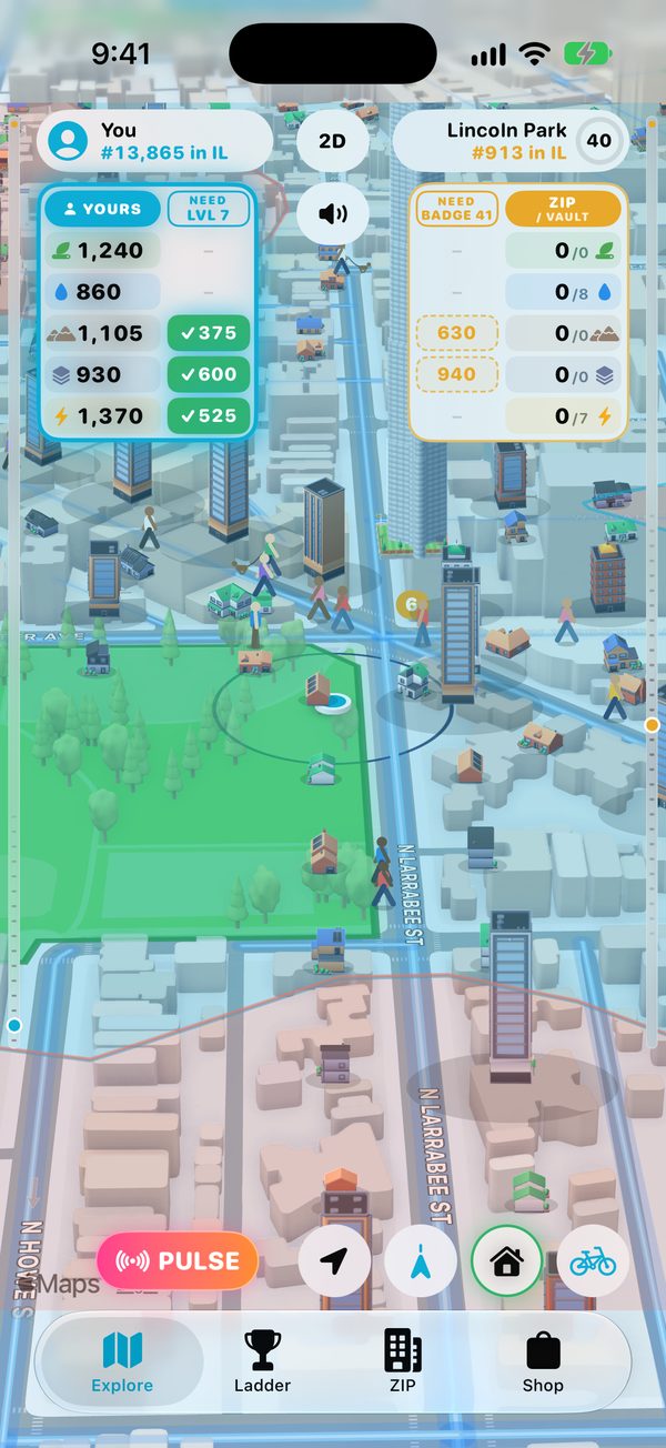 The Explore map: Lincoln Park in Chicago in 3D, with towers, streets and places to collect